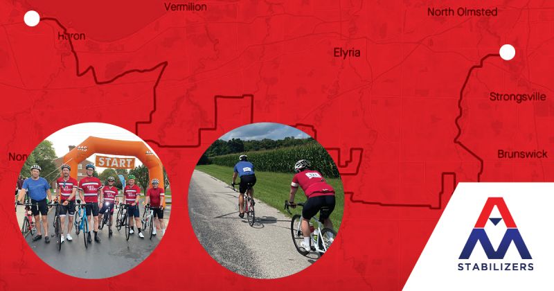 map depicting route and photos of charity bike rider at start and in race